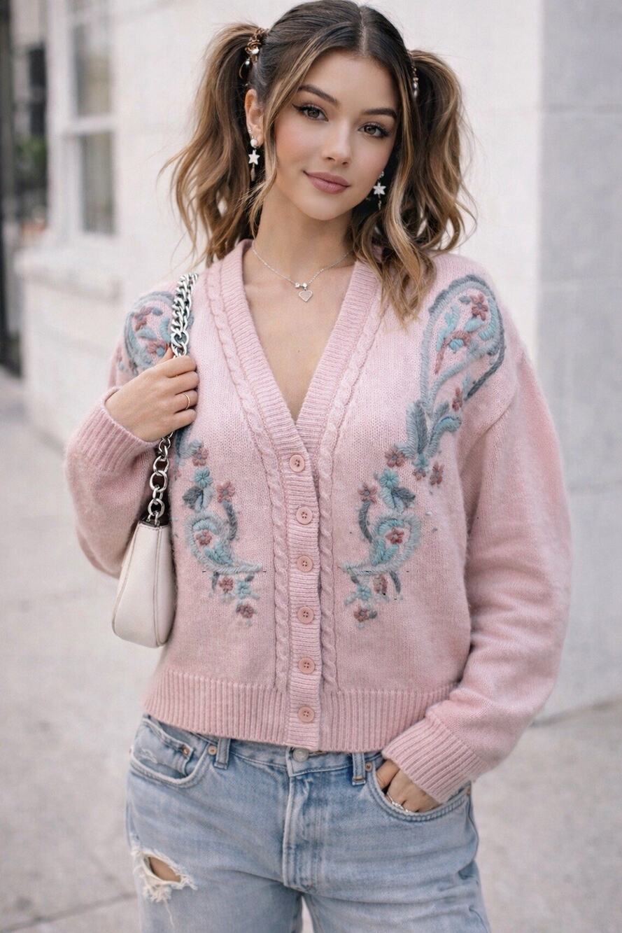 Pink Cardigan Sweater Floral Cottagecore, Embroidered Embroidery Spring Large